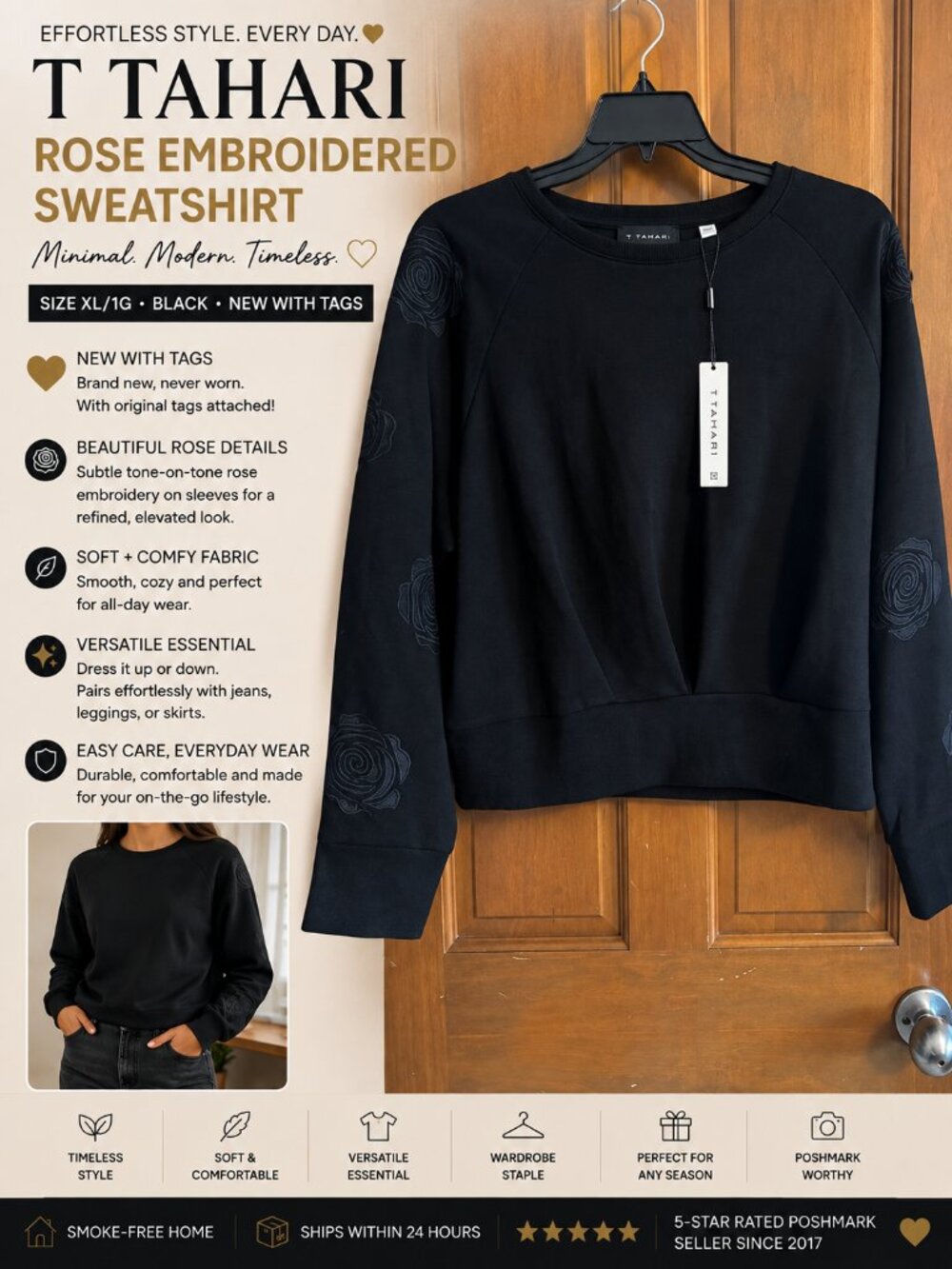 T Tahari Black Rose Embroidered Sweatshirt Pullover NWT Size XL